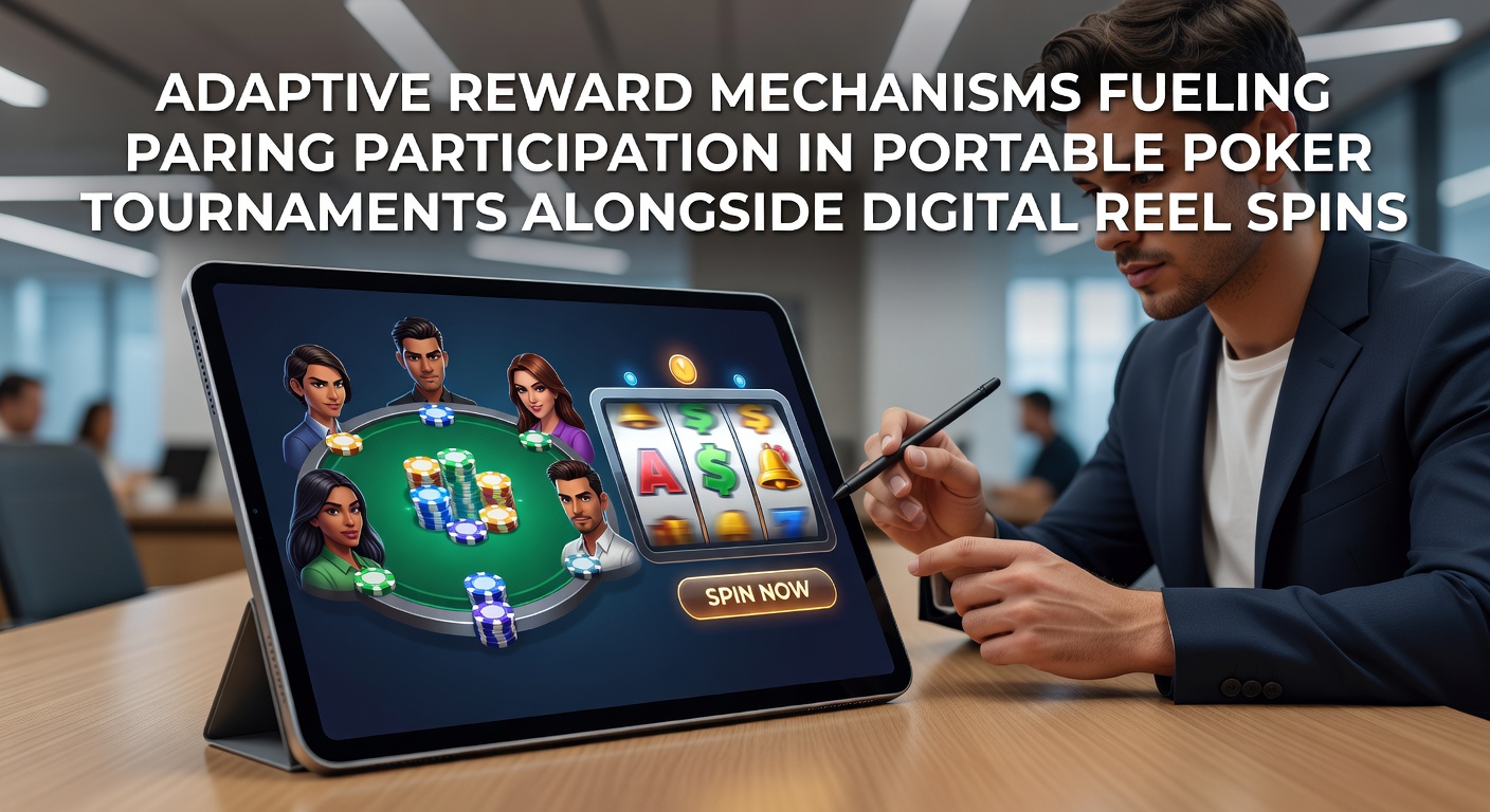 Mobile poker tournament interface displaying adaptive reward notifications alongside digital slot reels on a smartphone screen