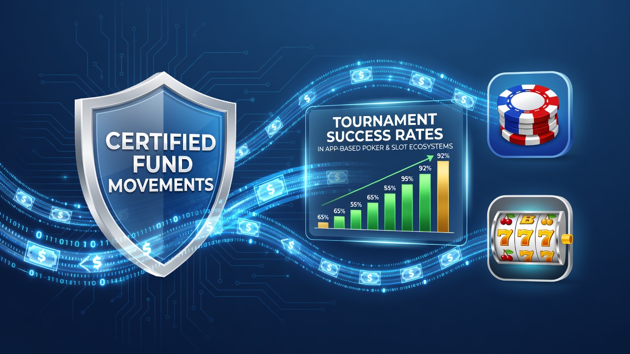Illustration of secure certified fund transfers flowing through mobile poker and slot app interfaces with tournament progress indicators