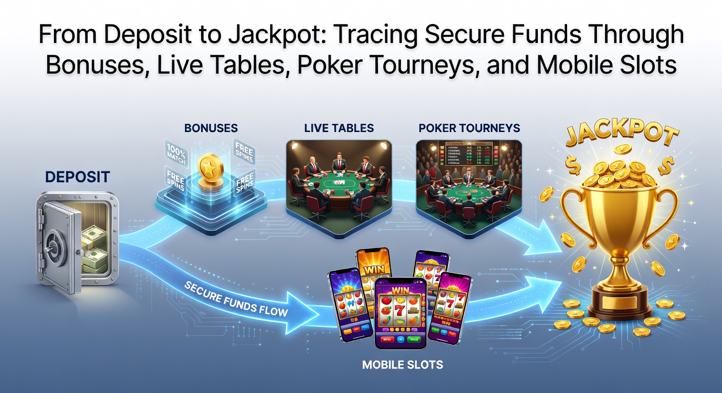 Illustration of digital funds flowing securely from deposit screen through game icons to a jackpot explosion