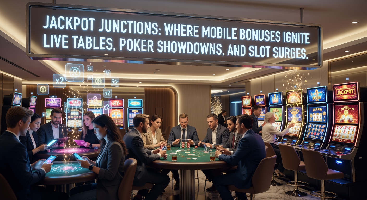 Vibrant mobile screen displaying cascading slot jackpots alongside live dealer blackjack tables and poker tournament leaderboards, illuminated by bonus multipliers