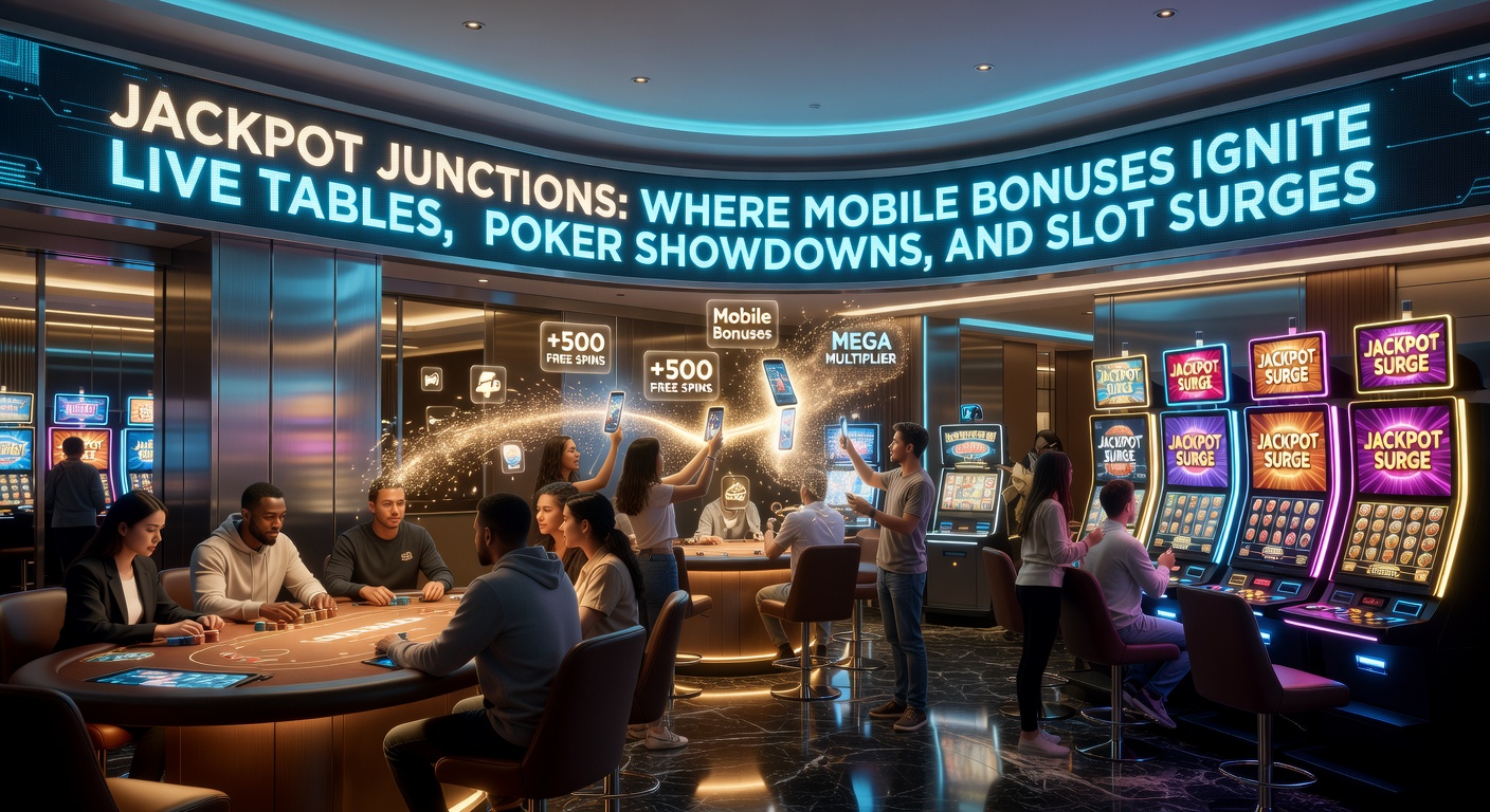 Dynamic close-up of a poker showdown on a mobile device with bonus chips stacked high, surrounded by surging slot reels and live table interfaces glowing with jackpot alerts