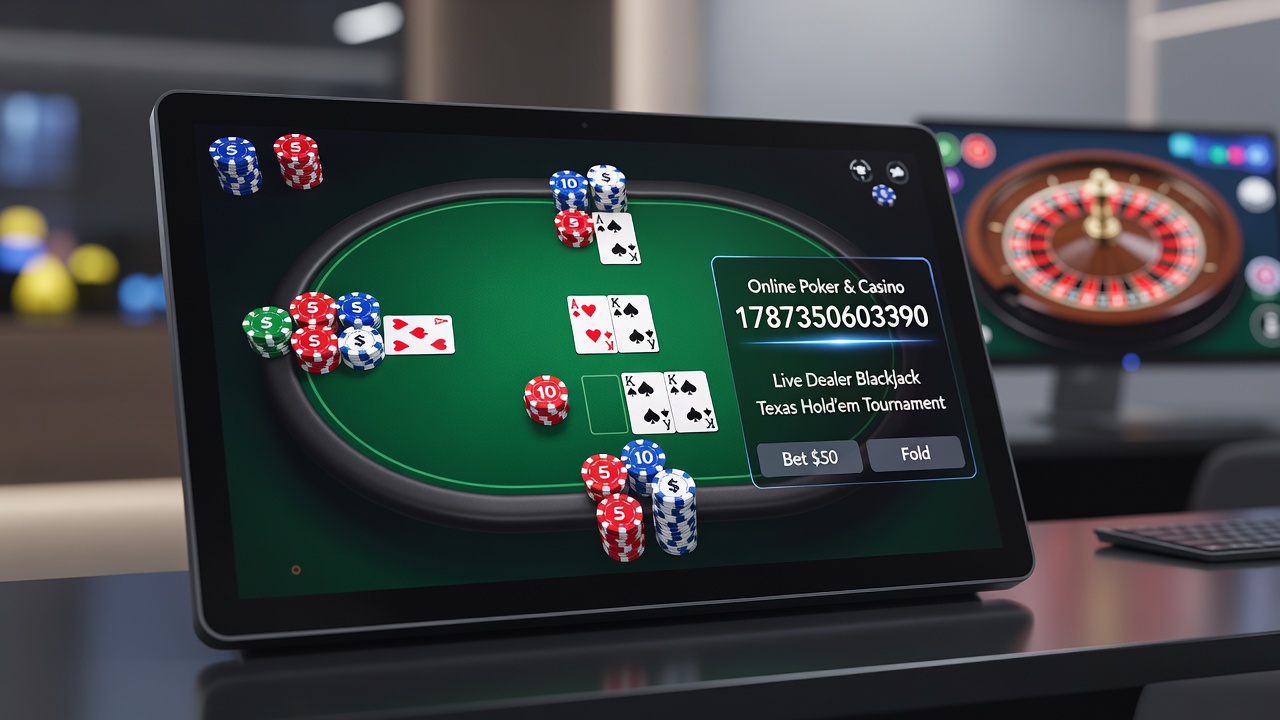 Live dealer poker and casino games displayed on mobile and desktop screens