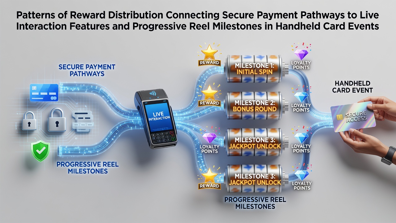 Visual diagram showing reward distribution pathways from secure mobile payments through live interaction layers to progressive reel milestones in handheld card events