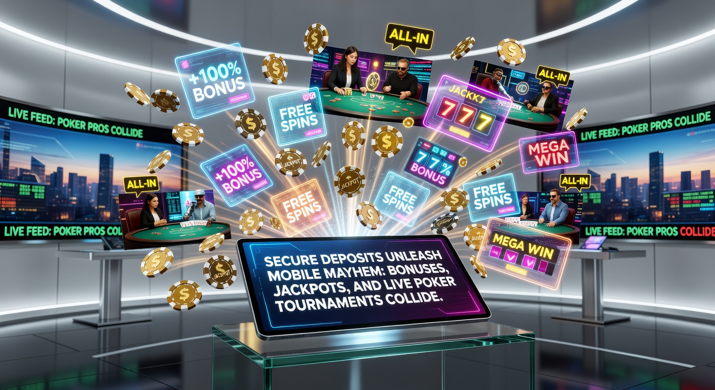 Dynamic split-screen of mobile jackpot explosion next to live poker tournament table with secure lock icon
